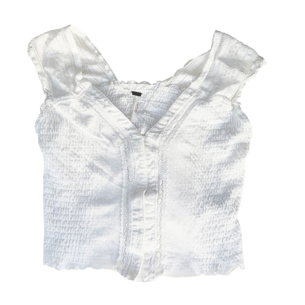 109 | Free People XS Boho Smocked Lace Crop Top Cottagecore Flutter Sleeve White